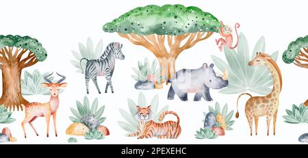 Bordure sans couture aquarelle des animaux de la savane africaine. Illustration d'un animal pour enfants. Décoration murale. Banque D'Images