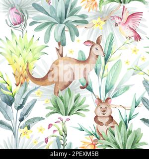 Australie animaux motif sans couture avec fleurs tropicales et feuilles. Arrière-plan aquarelle sans couture. Design de l'emballage, affiche, tissu Banque D'Images