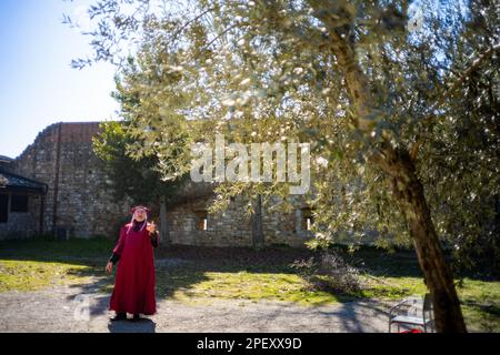 Un acteur habillé comme Dante Aligheri raconte la Divine Comédie à San Gimignano en Toscane, Italie Banque D'Images