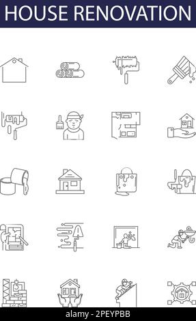 Maison rénovation ligne vecteur icônes et signes. Maison, remodélisation, rénovation, redécorer, mise à niveau, Reconfigurer, moderniser, réparer le vecteur de contour Illustration de Vecteur