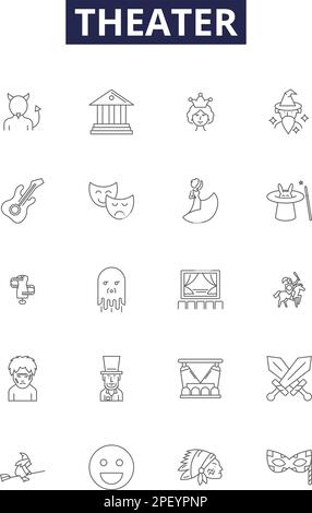 Symboles et signes vectoriels de la ligne de théâtre. Scène, dramatique, action, jouer, dramatique, Jeu d'illustrations vectorielles Perform, Curtain, audience Outline Vector Illustration de Vecteur