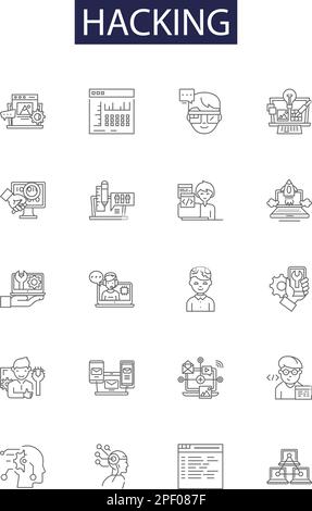 Icônes et signes de vecteur de ligne de piratage. données, ordinateur, technologie, attaque, sécurité, jeu d'illustrations de vecteur de hack, virus, cyber-contour Illustration de Vecteur