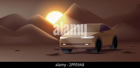 Illustration vectorielle de la voiture SUV moderne 3D sur le paysage de montagnes de sable désertique avec coucher de soleil dans les couleurs brunes Illustration de Vecteur