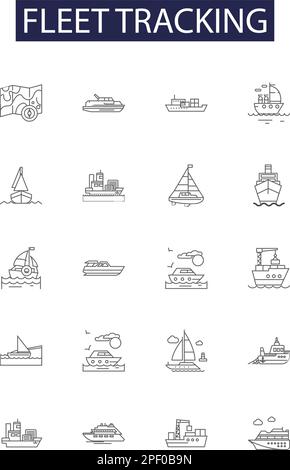 Icônes et panneaux vectoriels de ligne de suivi de flotte. Flotte, GPS, véhicules, surveillance, automatisation, Jeu d'illustrations vectorielles système, temps réel, tracé de données Illustration de Vecteur