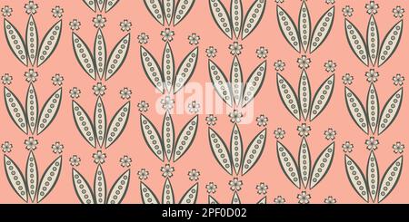 Fleur de tulipe stylisée bordure vectorielle sans couture arrière-plan. Bannière médiévale vintage de fleurs de couleur. Dessin au trait à la main, motif géométrique botanique. Joli Illustration de Vecteur