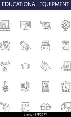 Symboles et signes vectoriels de la gamme d'équipements éducatifs. Supports de cours, mobilier, appareils, technologie, instruments, Matériel, bureaux, plan interactif Illustration de Vecteur