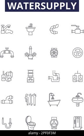 Symboles et signes vectoriels de la ligne d'approvisionnement en eau. Réservoir, tuyau, robinet, aqueduc, robinet, Jeu d'illustrations vectorielles de distribution, puits, plomberie Illustration de Vecteur