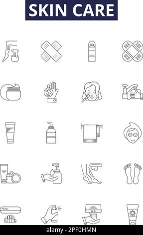Lignes de soins de la peau vecteurs icônes et signes. Nettoyage, écran solaire, exfoliant, éclaircissement, acné, Illustration vectorielle épurateur, tonification, nourrissante Illustration de Vecteur
