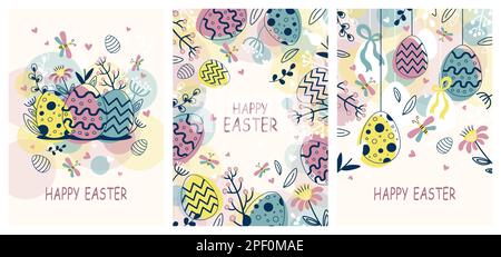 ensemble de cartes de vœux joyeuses pâques œufs et fleurs de pâques Illustration de Vecteur