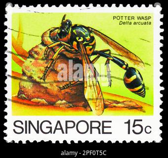 MOSCOU, RUSSIE - 17 FÉVRIER 2023 : timbre-poste imprimé à Singapour montre la guêpe potier (Delta arcuata), série d'insectes, vers 1985 Banque D'Images