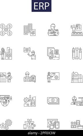 Icônes et signes de vecteur de ligne ERP. Ressource, planification, module, système, logiciel, Fabrication, automatisation, jeu d'illustrations vectorielles CRM Illustration de Vecteur