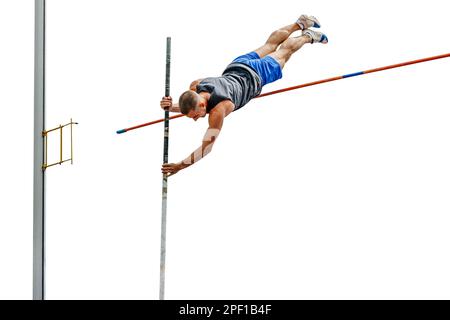 échec du cavalier de l'athlète tentative de perche voûte sur fond blanc, photo de sport Banque D'Images