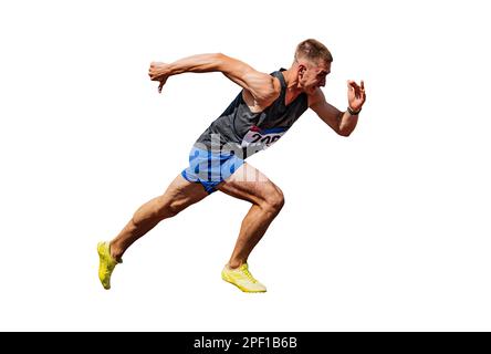 athlète coureur débutant sprint de course sur fond blanc, photo de sport Banque D'Images