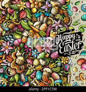 Illustration de la bordure à motif joyeux Pâques. Spring Holiday éléments et objets dessin animé cadre arrière-plan. Tous les éléments sont séparés Illustration de Vecteur