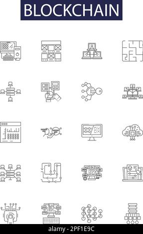 Icônes et signes vectoriels de la chaîne de blocs. Technologie, Bitcoin, numérique, Ledger, décentralisé, Sécurité, Peer-to-Peer, vecteur de contour de réseau Illustration de Vecteur