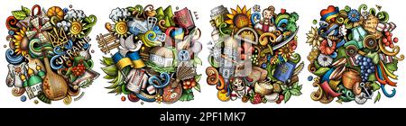 Ensemble de motifs de dessin animé à motif de caniche Ukraine. Compositions détaillées colorées avec beaucoup d'objets et de symboles de culture ukrainienne. Isolé sur l'illustration blanche Illustration de Vecteur