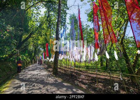 Samdruptse, Sikkim, Inde - 20th octobre 2016 : Monks marchant sur la route de la Sainte statue de Guru Padmasambhava ou né d'un lotus, Guru Rinpoché. Banque D'Images