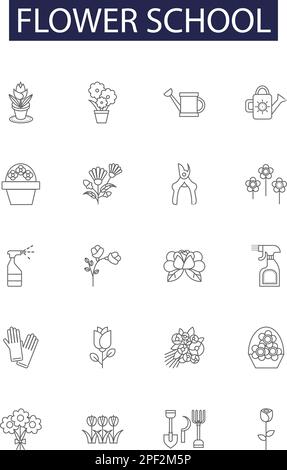 Symboles et signes vectoriels de la ligne scolaire de fleurs. Fleurs, bouquet, bourgeons, pétales, motif floral, Mariage, verdure, ensemble d'illustrations vectorielles de l'atelier Illustration de Vecteur