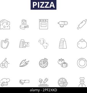 Icônes et panneaux vectoriels de la ligne de pizza. fromage, croûte, garnitures, sauce, tranche, Italien, pepperoni, jeu d'illustrations vectorielles de livraison Illustration de Vecteur