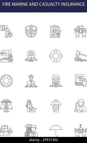 Icônes et panneaux vectoriels de la ligne d'assurance incendie et dommages. divers, ensemble, entreprise, vecteur, santé, responsabilité, couverture, vecteur de contour marin Illustration de Vecteur