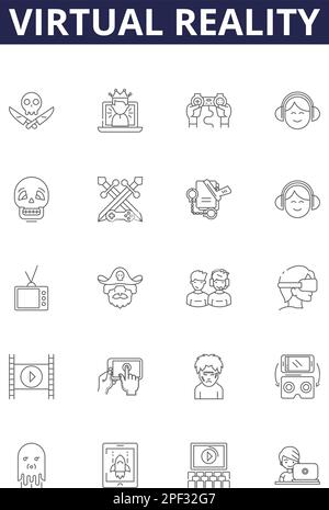 Icônes et signes vectoriels de la ligne de réalité virtuelle. Virtuel, réalité, Simulation, immersif, augmenté, Illustration vectorielle interactive, 3D, Oculus Illustration de Vecteur