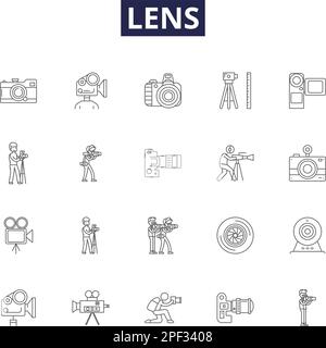 Icônes et signes vectoriels de la ligne de l'objectif. Optique, convexe, concave, mise au point, photographique, Jeu d'illustrations vectorielles télescopiques, macro, Zoom Illustration de Vecteur