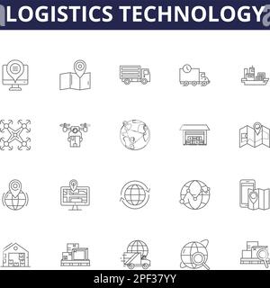 Symboles et panneaux vectoriels de la ligne de technologie logistique. Technologie, suivi, automatisation, livraison, entreposage, Surveillance, systèmes, vecteur de contour de réseau Illustration de Vecteur