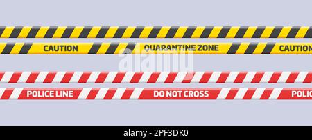 Rubans de mise en garde et de danger. Ruban d'avertissement. Ligne noire blanche et jaune ou rouge rayée. Illustration du volume de la zone de scène de crime Illustration de Vecteur