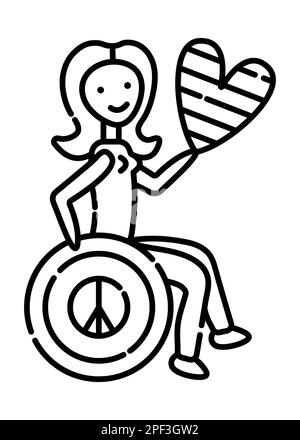 Femme handicapée en fauteuil roulant avec le cœur dans la main et le symbole du pacifique sur la roue de la chaise Illustration de Vecteur