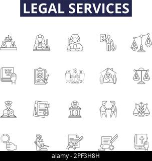 Icônes et signes de vecteur de ligne de services juridiques. Procureur, parajuriste, avocat, judiciaire, avocat, Jeu d'illustrations vectorielles court, Défense, Justice Outline Vector Illustration de Vecteur