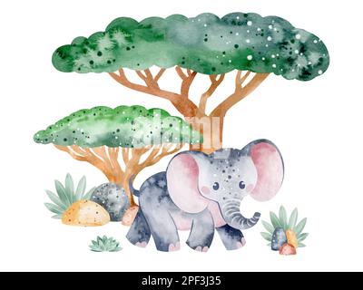 Ensemble d'illustrations aquarelles d'animaux de savane dans la nature. Illustration d'animaux sur fond blanc. Dessiné à la main. Banque D'Images