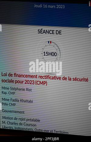 Paris, Paris, France. 16th mars 2023. Planification de la session d'aujourd'hui à l'Assemblée nationale sur 16 mars 2023 à Paris, France. (Credit image: © Glenn Gervot/ZUMA Press Wire) USAGE ÉDITORIAL SEULEMENT! Non destiné À un usage commercial ! Banque D'Images