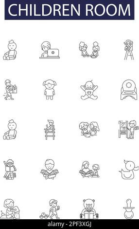 Icônes et signes vectoriels de la ligne de la chambre des enfants. Chambre, nursery, salle de jeux, Chambre, jouet, Ensemble d'illustrations vectorielles décor, mur, mobilier Illustration de Vecteur