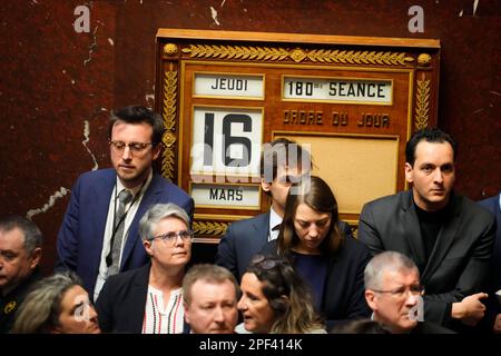 Paris, Paris, France. 16th mars 2023. Un panel officiel à l'Assemblée nationale française sur le 16 mars 2023 à Paris, France. (Credit image: © Glenn Gervot/ZUMA Press Wire) USAGE ÉDITORIAL SEULEMENT! Non destiné À un usage commercial ! Banque D'Images