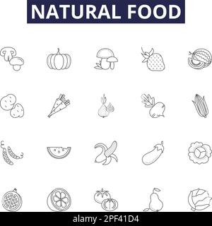 Symboles et signes vectoriels de la gamme d'aliments naturels. Végétarien, végétalien, non transformé, bien-être, cru, Jeu d'illustrations vectorielles Fresh, Sproutd et Natural Outline Illustration de Vecteur