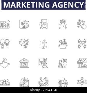 Icônes et signes de vecteur de ligne d'agence de marketing. Marketing, publicité, conseil, promotion, campagnes, Marquage, stratégies, vecteur de plan Illustration de Vecteur