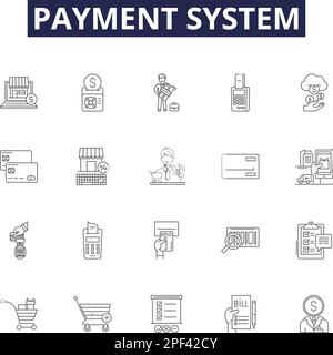 Icônes et signes de vecteur de ligne du système de paiement. système, transactions, traitement, passerelle, fournisseur, jeu d'illustrations vectorielles banque, crédit, débit Illustration de Vecteur