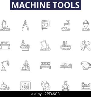 Icônes et panneaux vectoriels de la ligne machine-outils. Tournage, perçage, meulage, fraisage, alésage, Jeu d'illustrations vectorielles pour le façonnage, le meulage et le brochage Illustration de Vecteur