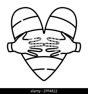 Hugs de coeur arc-en-ciel, mains tenant coeur, illustration de la ligne vectorielle noir et blanc Illustration de Vecteur