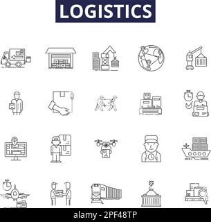 Symboles et panneaux vectoriels de la chaîne logistique. Logistique, livraison, fret, transport, parc, Ensemble d'illustrations vectorielles pour l'entreposage, l'approvisionnement et l'emballage Illustration de Vecteur