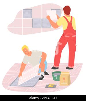 Équipe de maître en carrelage mettant le plancher et le mur en céramique vecteur de carreaux Illustration de Vecteur