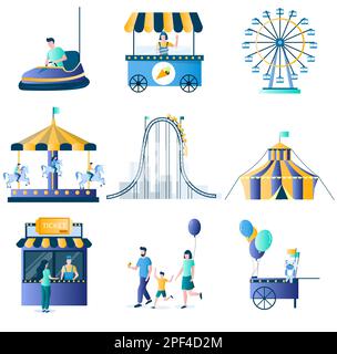 Parc d'attractions Vector Flat Icon Set avec tente de cirque, montagnes russes, carrousel, roue de ferris, attractions de voitures tamponneuses, chariot à glace, billetterie a Illustration de Vecteur