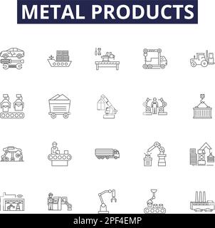Les produits métalliques sont des icônes vectorielles et des panneaux. produits, acier, fabriqué, alliage, moulage, jeu d'illustrations vectorielles en aluminium, laiton et cuivre Illustration de Vecteur