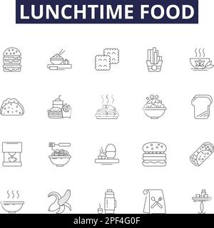 Symboles et signes vectoriels de la ligne alimentaire pour le déjeuner. Salade, hamburger, pizza, soupe, Burrito, Jeu d'illustrations vectorielles frites, nouilles et Tacos Illustration de Vecteur