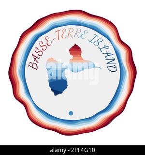 Emblème de l'île de Basse-Terre. Carte de l'île avec de belles vagues géométriques et un cadre rouge bleu vif. Logo vif et rond Basse-Terre. Illustration vectorielle Illustration de Vecteur
