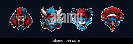Collection de têtes d'animaux de dessin animé, logo sport rouge et bleu avec contour blanc. Visage en colère du lion, personnages viking, chat et dinde. Mascotte d'équipe sportive Illustration de Vecteur