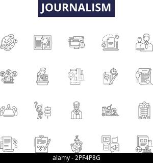 Symboles et signes vectoriels de la ligne de journalisme. Actualités, médias, histoire, éditeur, journaliste, Jeu d'illustrations vectorielles de l'auteur, du rapport et de la diffusion Illustration de Vecteur