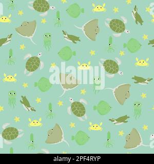 Motif vectoriel sans couture avec poisson-devilfish, crabe, méduse, flunder, calmar, pingouin.créatures de dessin animé sous-marin.fond marin.joli motif océan pour Illustration de Vecteur