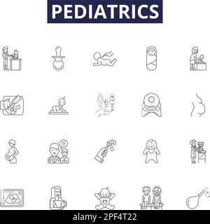 Icônes et signes du vecteur de ligne pédiatrique. Enfant, nourrisson, tout-petits, nouveau-né, enfants, Ensemble d'illustrations vectorielles maladies, médecins, Santé Illustration de Vecteur