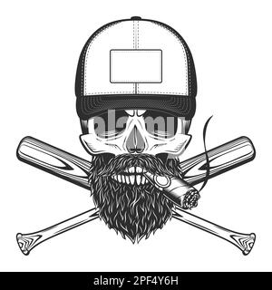 Crâne fumant cigare ou cigarette en casquette avec barbe et moustache avec emblème de club de batte de baseball dans un style monochrome vintage illustration vectorielle isolée Banque D'Images